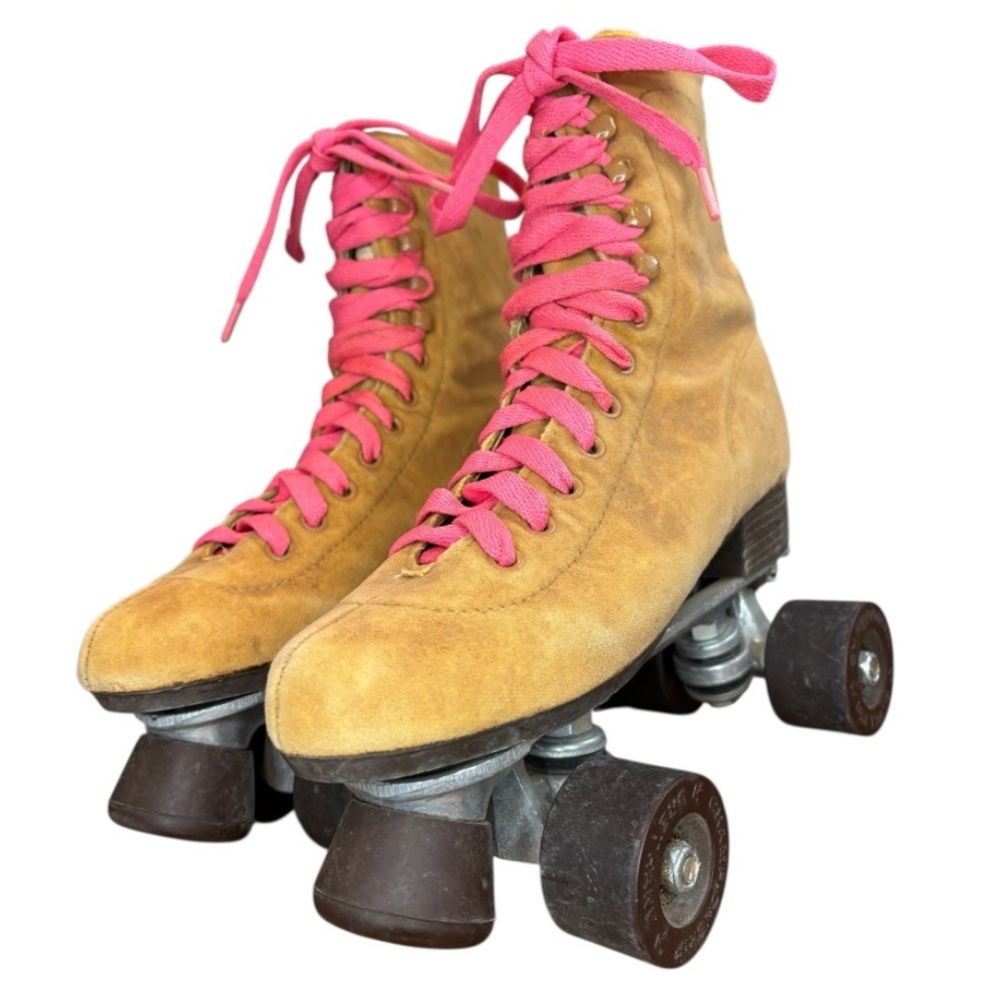 VINTAGE Championship Gold ROLLER SKATES Tan Suede + Hot Pink Laces, Womens Sz 9
